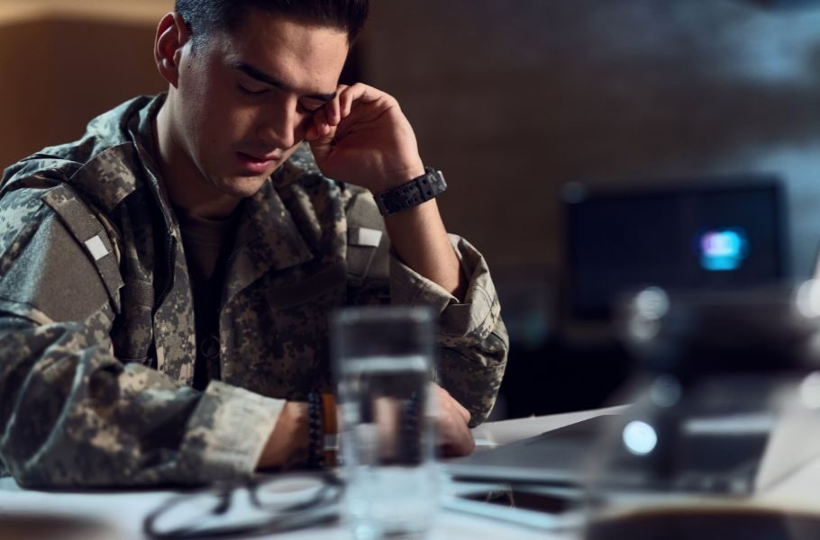 off duty military member looking upset