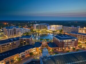 Newport,News,,Virginia,,Usa,City,Center,From,Above,At,Twilight.