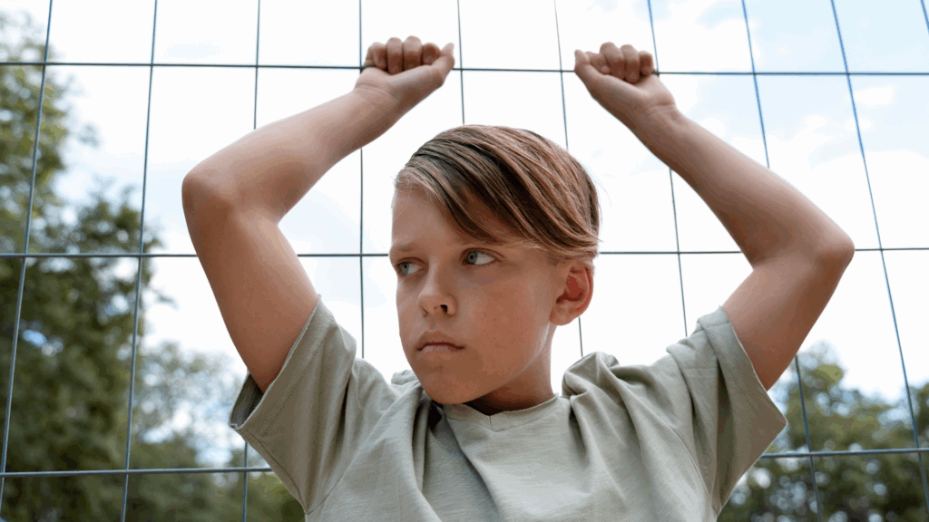 Child standing with back against fence | Child Abuse | Family Law